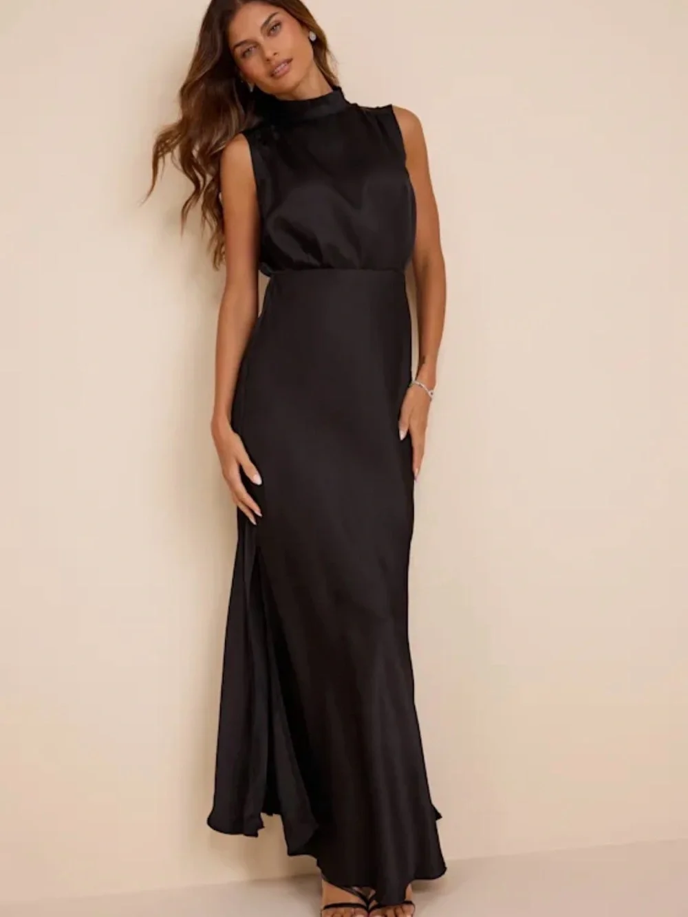 Lulus Ada Satin Maxi Dress Women Formal Minimalist Preppy Large Black - Picture 4 of 13